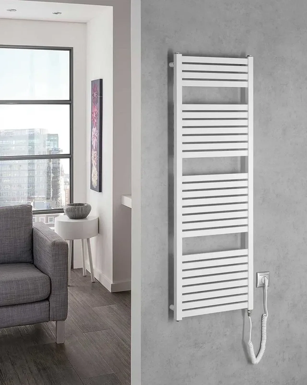 Aqualine TONDI E DE470 T elektricke vykurovacie teleso 450 1330 mm 500 W biele na stene
